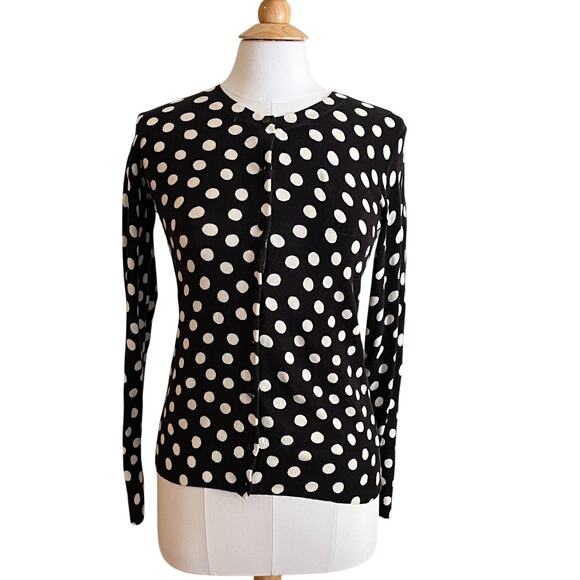 Black & White Polka Dot Cotton Blend Crew Neck Button Down Cardigan, S - Picture 1 of 11